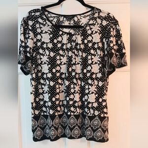 Lucky Brand Black and White Floral  Linen Blend Blouse With Bell Sleeves